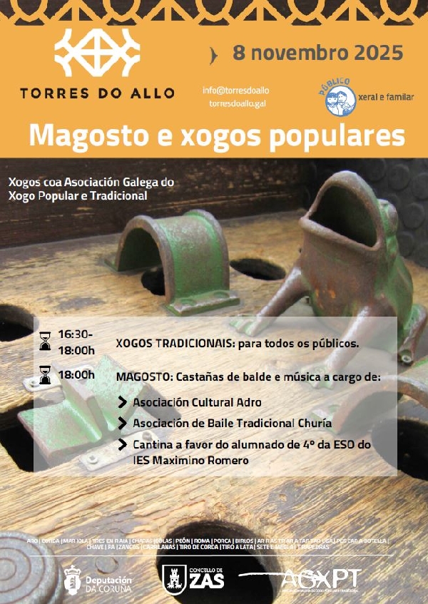Disfruta del Magosto y los juegos tradicionales el 8 de noviembre de 2025 en las Torres do Allo (Zas, A Coruña). Actividades gratuitas, castañas, música en directo y diversión familiar en un entorno histórico.